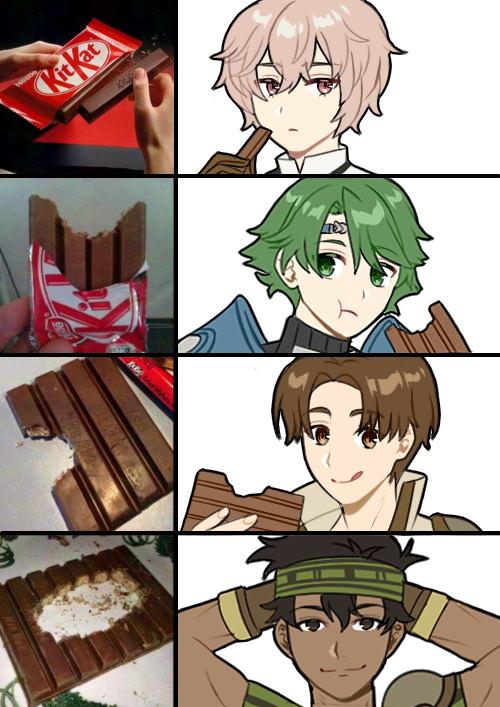 4boys, :q, alm_(fire_emblem), arms_behind_head, black_hair, brown_eyes, brown_hair, candy