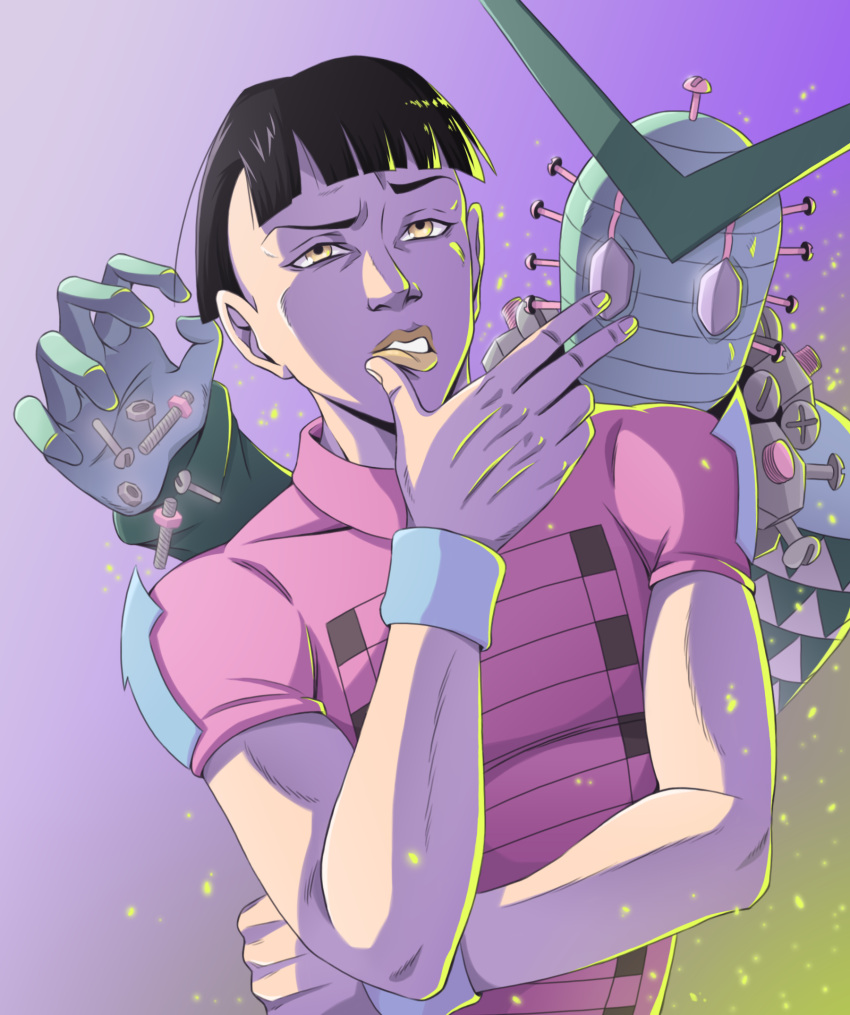 1boy, 1other, arrow_(symbol), black_hair, bolt_(hardware), commentary_request, higashikata_joshu, high_collar