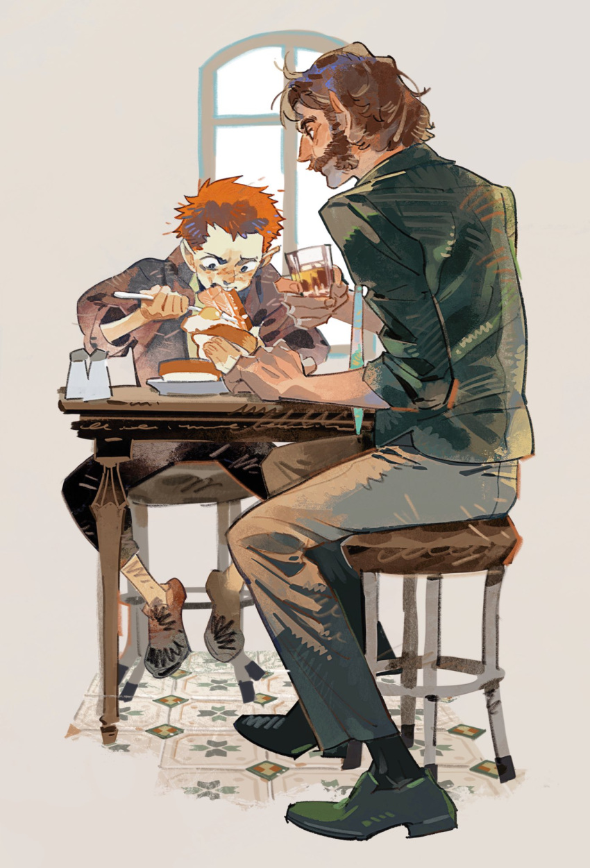 2boys, black_shoes, bread, brown_hair, child, cuno, cup, disco_elysium