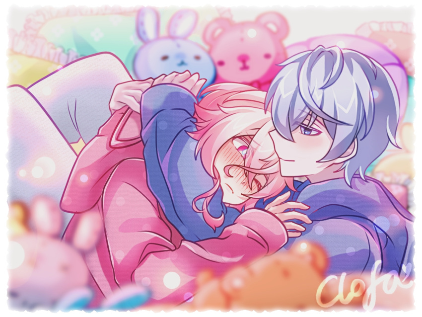 1boy, 1girl, alternate_costume, blue_hoodie, blush, clofa, closed_mouth, commentary_request