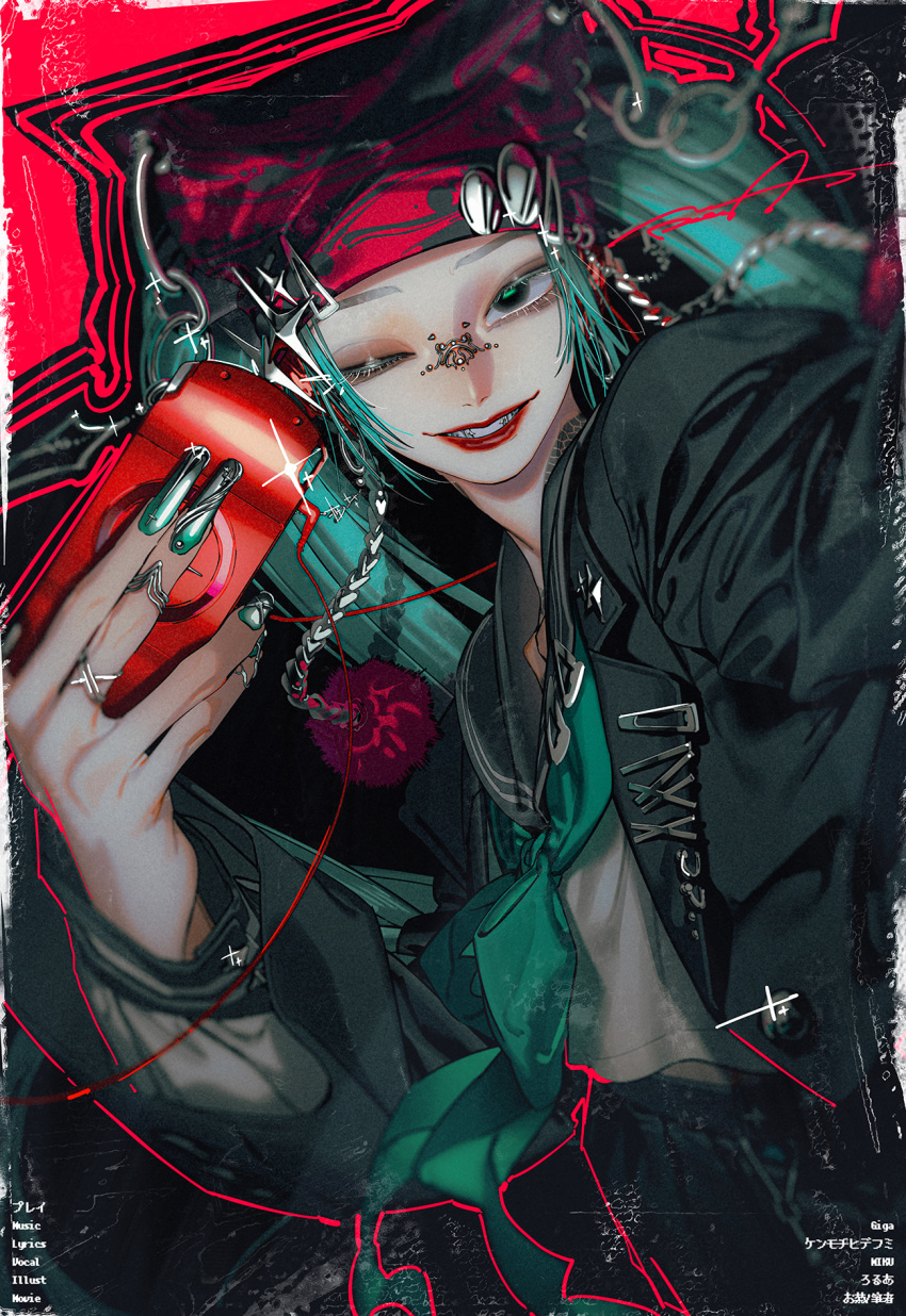 1girl, bandana, black_jacket, black_skirt, commentary_request, grey_hair, grey_neckerchief, grey_sailor_collar, grey_shirt, handheld_game_console, hatsune_miku, highres, holding, holding_handheld_game_console, jacket, jewelry, looking_at_viewer, neckerchief, nose_piercing, official_art, one_eye_closed, open_clothes, open_jacket, parted_lips, piercing, play_(vocaloid), pleated_skirt, ring, rolua, sailor_collar, shirt, sidelocks, skirt, solo, twintails, vocaloid