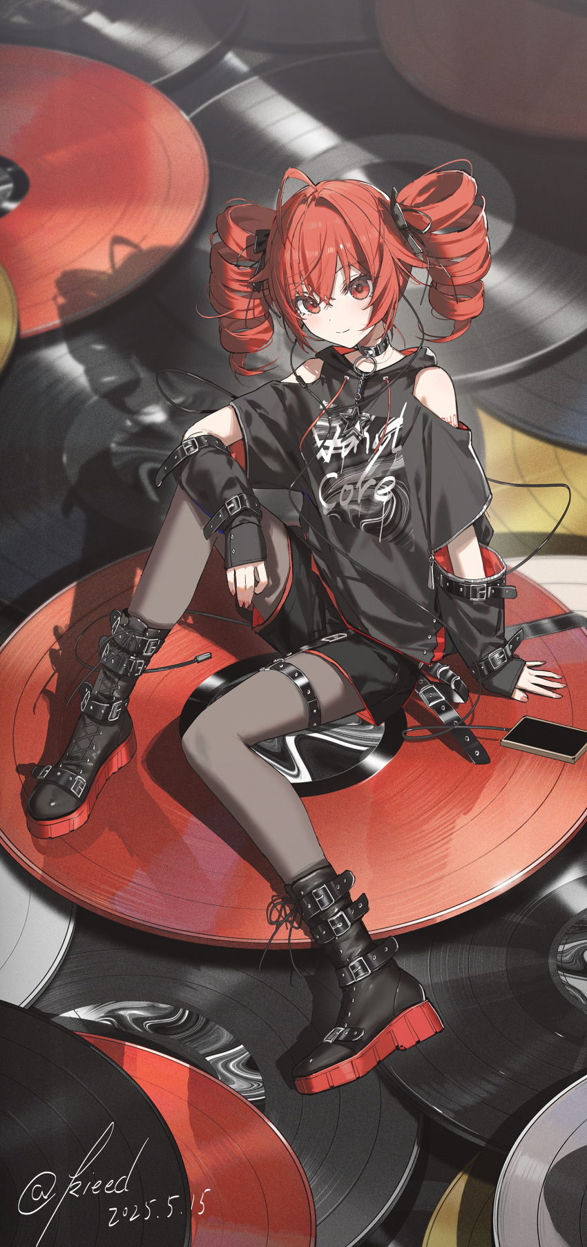 1girl, absurdres, ahoge, bare_shoulders, black_boots, black_choker, black_pantyhose, black_shirt, blush, boots, cellphone, choker, closed_mouth, clothing_cutout, drill_hair, earphones, elbow_cutout, hair_between_eyes, hair_ribbon, highres, jewelry, kasane_teto, kieed, long_hair, looking_at_viewer, necklace, pantyhose, phone, red_eyes, red_hair, red_ribbon, revision, ribbon, shirt, shoulder_cutout, sidelocks, sitting, smartphone, smile, solo, star_(symbol), star_necklace, twin_drills, utau