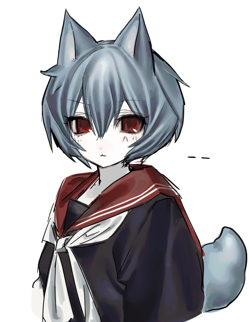 1girl, animal_ears, black_serafuku, commentary_request, grey_hair, highres, korean_commentary, looking_at_viewer