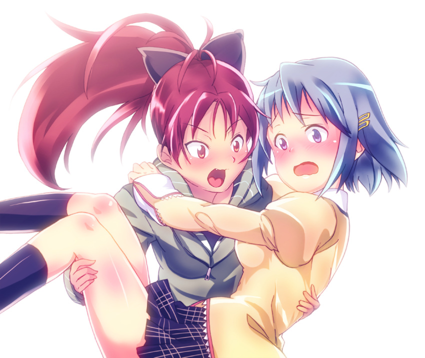 azu_(azzz), blue_hair, blush, carrying, long_hair, mahou_shoujo_madoka_magica, miki_sayaka, multiple_girls