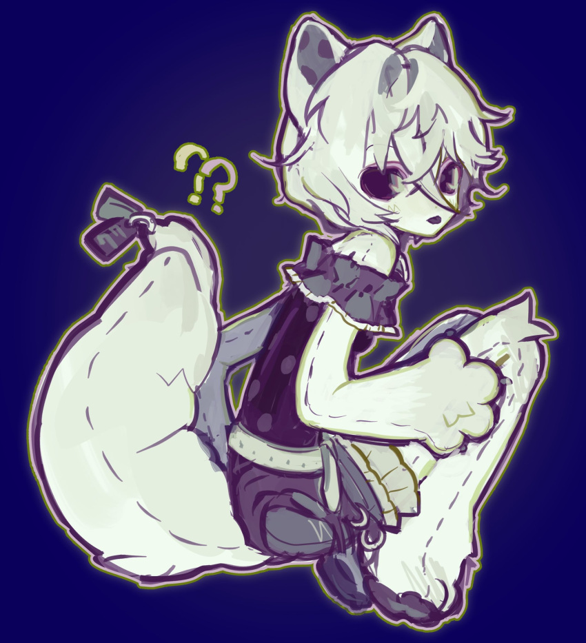 1girl, animal_ears, animal_feet, animal_hands, black_shirt, blue_background, dog_ears, dog_girl