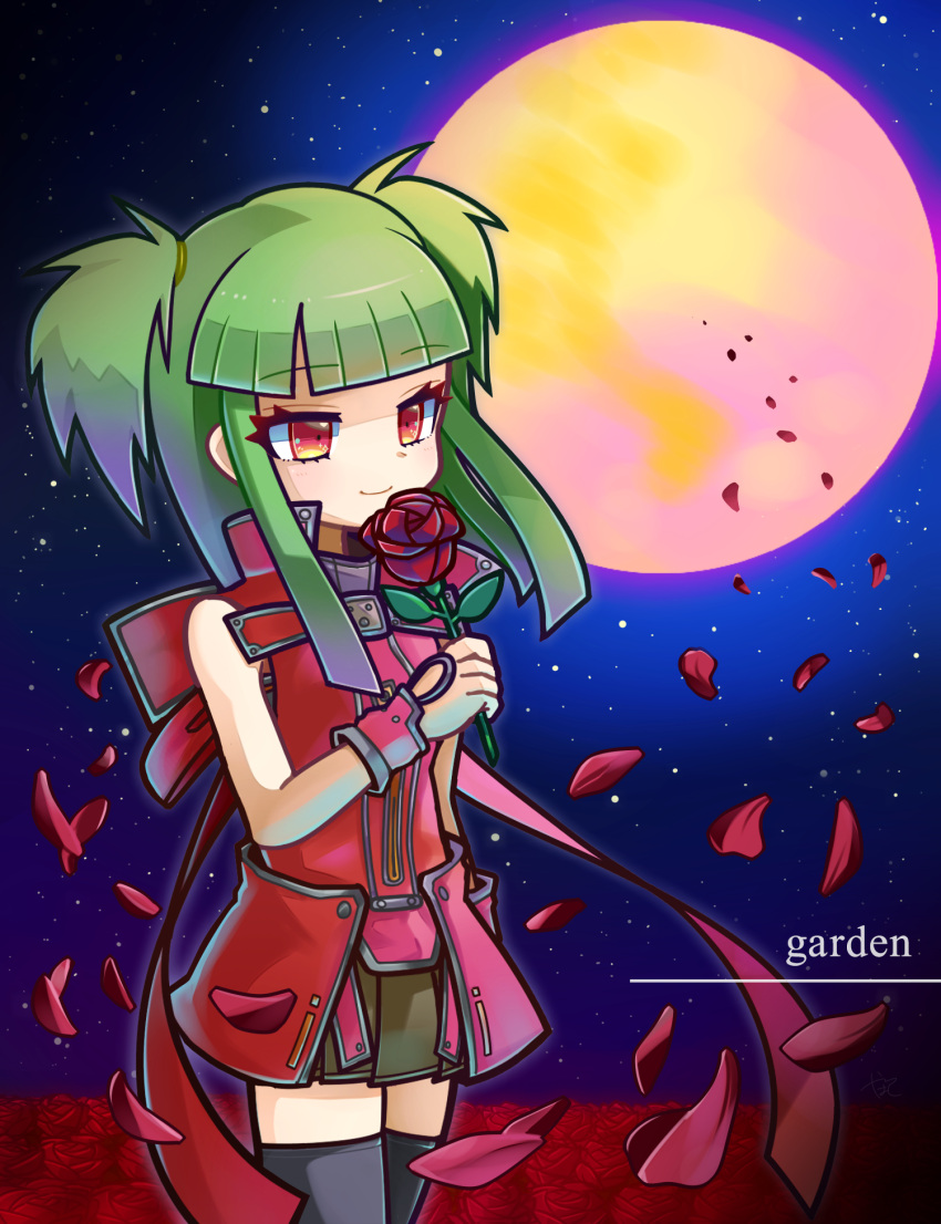 1girl, beatmania_(series), beatmania_iidx, beatmania_iidx_8th_style, bemani, black_skirt, black_thighhighs, commentary_request, english_text, eyelashes, flower, green_hair, highres, hishimiya_tsugaru, holding, holding_flower, long_hair, moon, night, outdoors, pleated_skirt, red_flower, red_ribbon, red_rose, red_shirt, ribbon, rose, shirt, sidelocks, skirt, sleeveless, sleeveless_shirt, smile, standing, thick_eyelashes, thigh-highs, two_side_up, yatsuhashi_(partyanthem), zettai_ryouiki