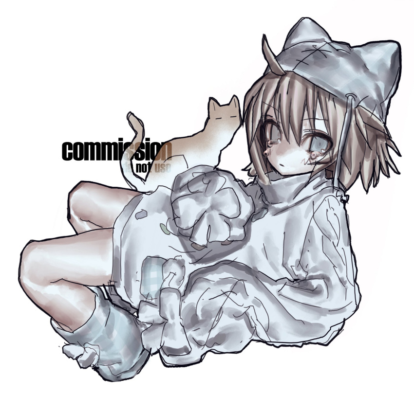 1girl, animal, animal_hat, brown_hair, cat, cat_hat, commentary_request, commission
