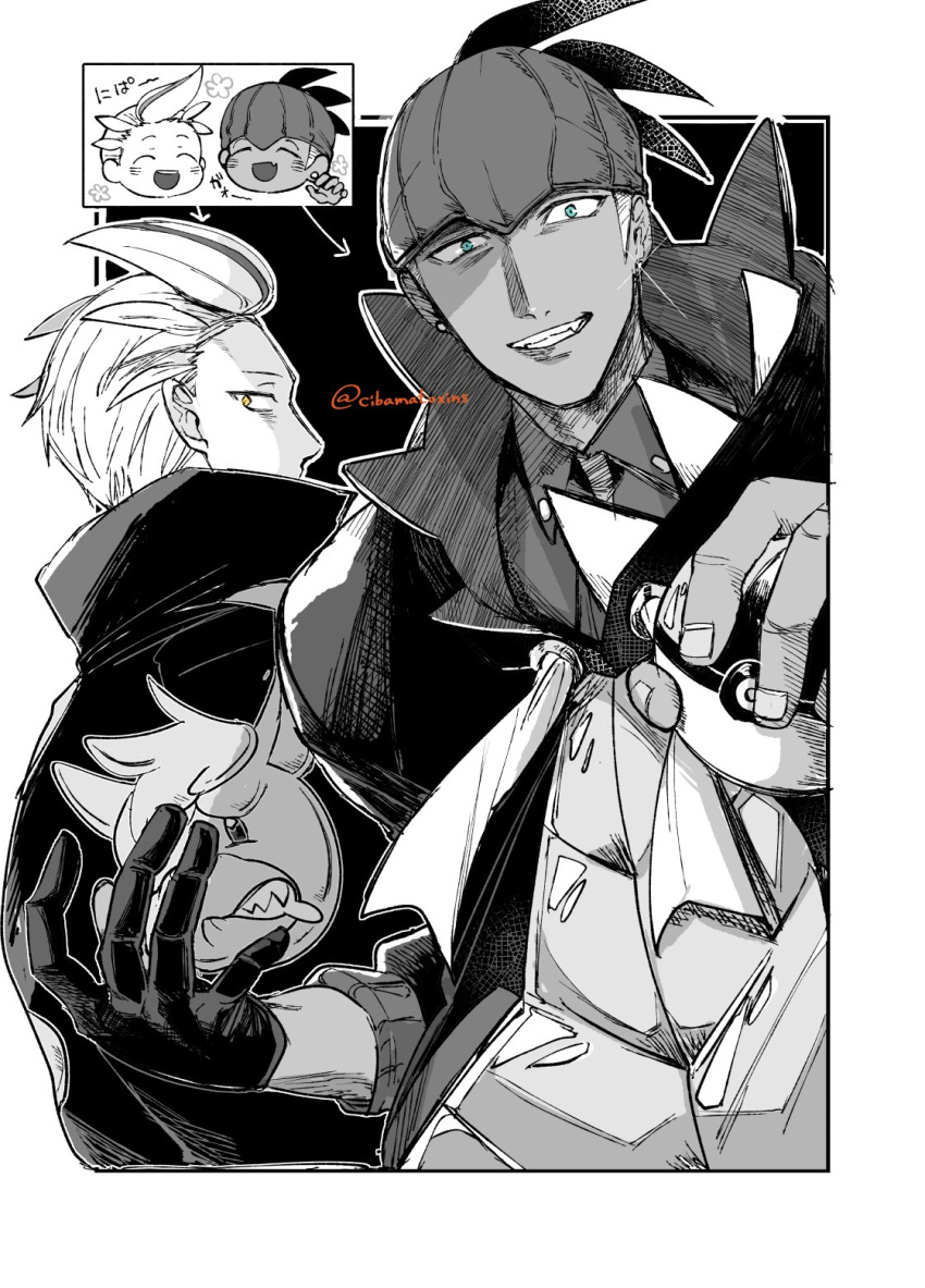 2boys, arrow_(symbol), cibamatoxins, commentary_request, dark-skinned_male, dark_skin, drayton_(pokemon), earrings