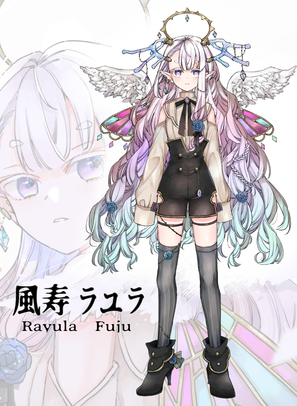 1girl, black_boots, black_shorts, blue_flower, blue_hair, blue_rose, boots, braid, brown_shoes, character_name, closed_mouth, feathered_wings, flower, gradient_hair, grey_hair, grey_thighhighs, halo, high-waist_shorts, high_heel_boots, high_heels, highres, indie_virtual_youtuber, long_sleeves, mito_(go!go!king!), multicolored_hair, multiple_views, parted_lips, pinstripe_thighhighs, pointy_ears, puffy_long_sleeves, puffy_sleeves, purple_hair, ravula_fuju, rose, shoes, short_eyebrows, short_shorts, shorts, sleeves_past_fingers, sleeves_past_wrists, thick_eyebrows, thigh-highs, thighhighs_under_boots, violet_eyes, virtual_youtuber, white_wings, wings