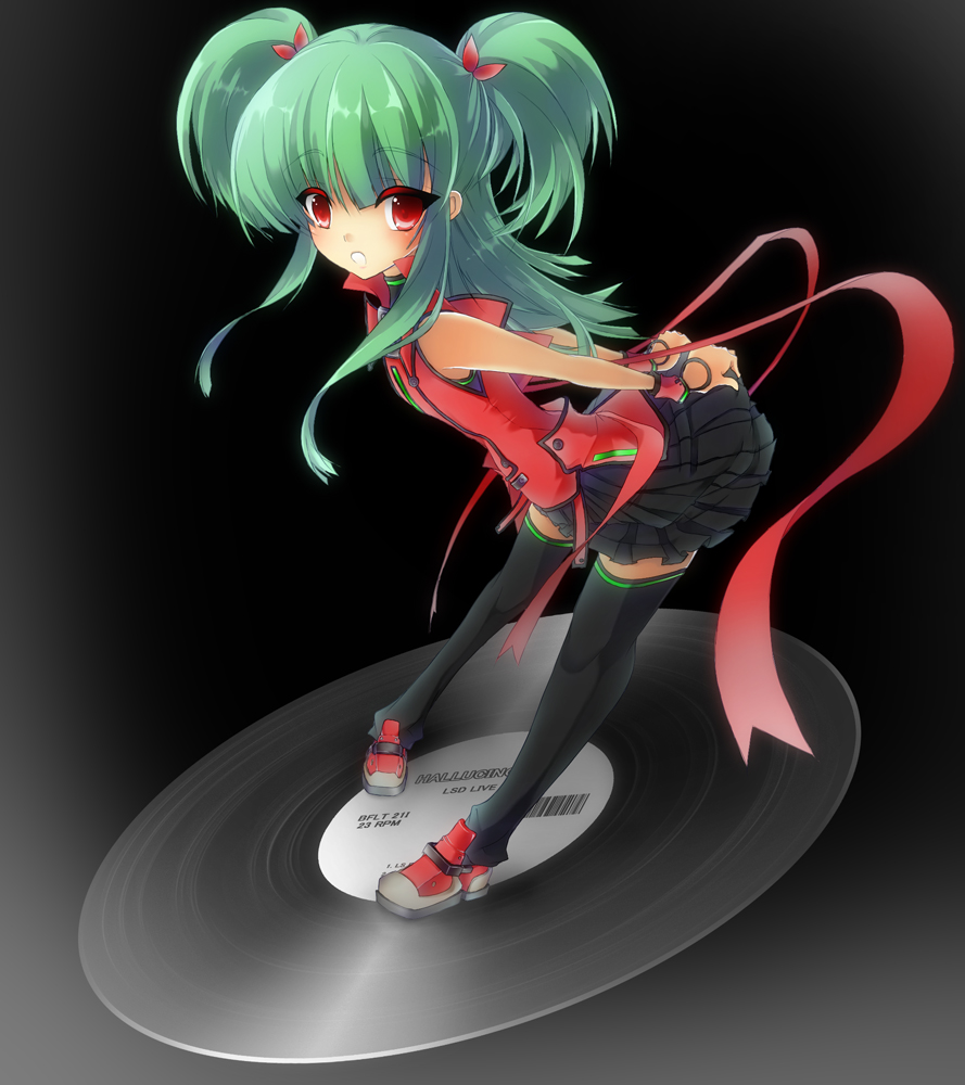 1girl, beatmania_(series), beatmania_iidx, beatmania_iidx_8th_style, bemani, black_skirt, black_thighhighs, blunt_bangs