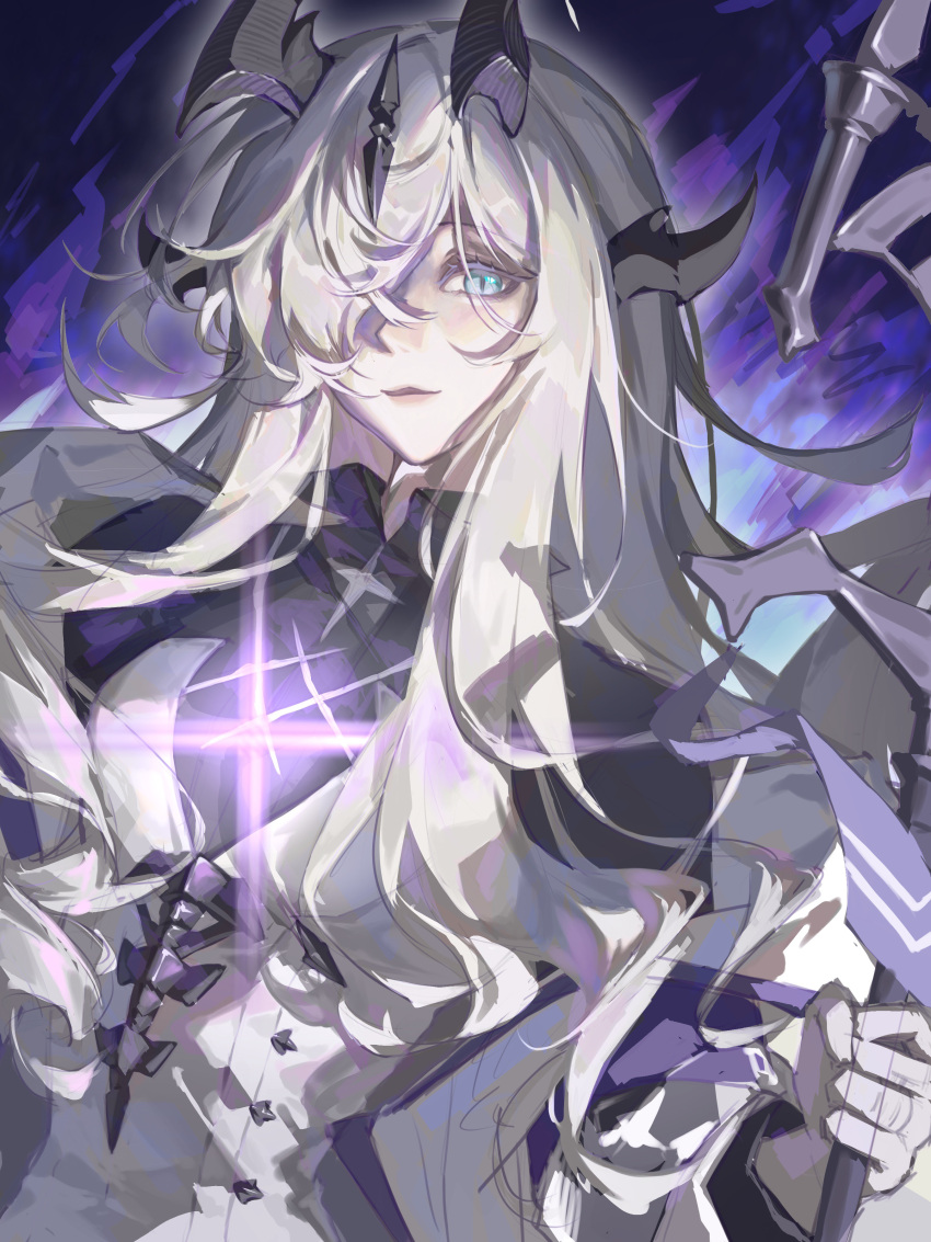 1girl, absurdres, arknights, aura, black_horns, black_shirt, blue_eyes, chinese_commentary