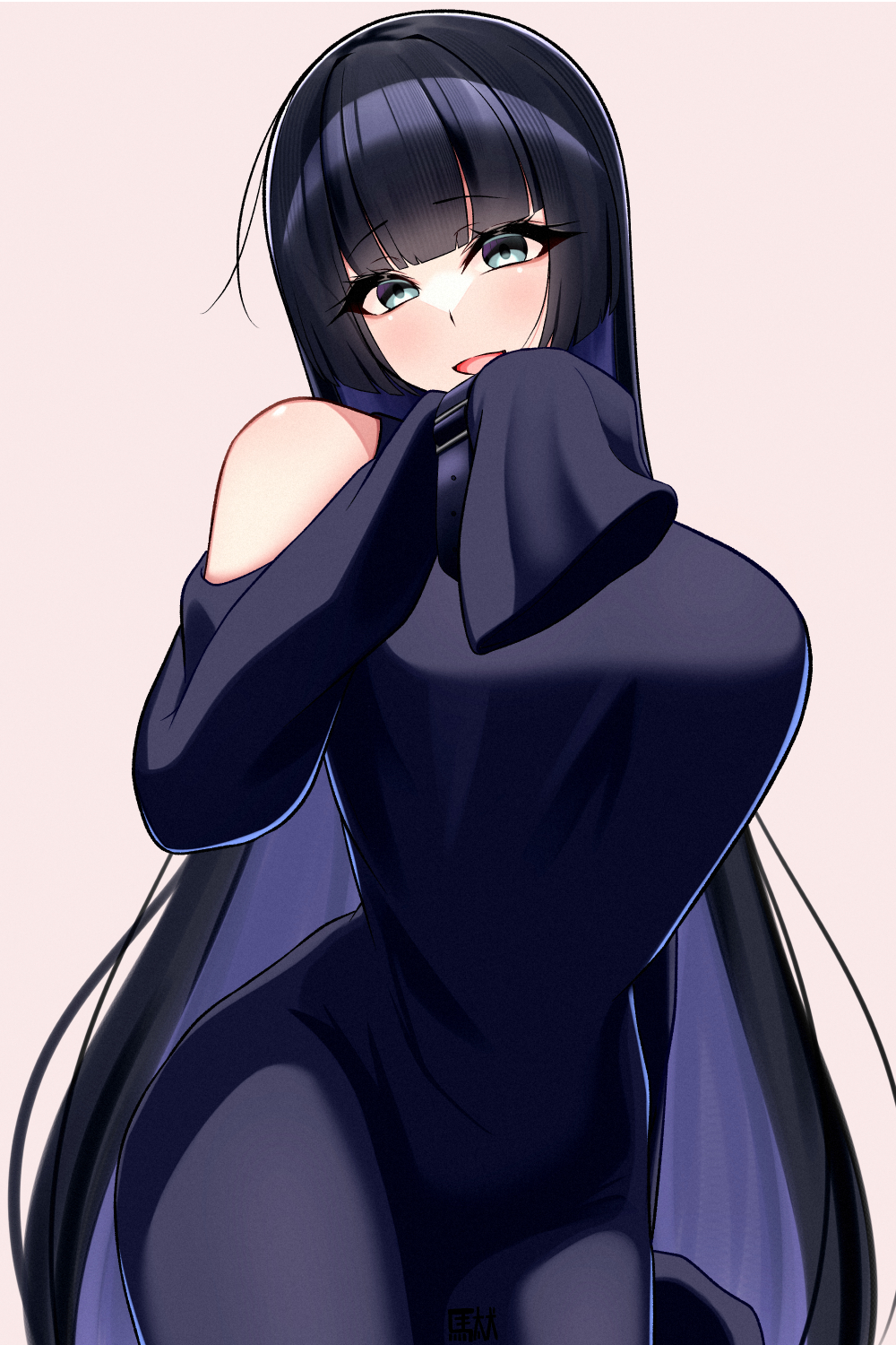 1girl, aqua_eyes, bigthirteen0301, black_dress, black_hair, blunt_bangs, bocchi_the_rock!, breasts, colored_inner_hair, cowboy_shot, dress, goth_fashion, hand_on_own_chin, highres, hime_cut, large_breasts, long_hair, long_sleeves, multicolored_hair, open_mouth, pa-san, signature, simple_background, sleeves_past_fingers, sleeves_past_wrists, solo, straight_hair, strapless, strapless_dress, two-tone_hair, very_long_hair, violet_eyes, white_background