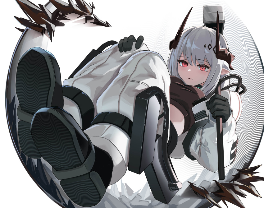 1girl, absurdres, arknights, black_gloves, black_shoes, black_sports_bra, from_below, gloves
