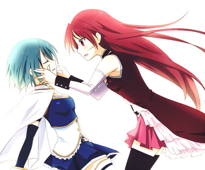 black_legwear, black_thighhighs, blue_hair, cape, closed_eyes, cuts, eyes_closed, hagihara_riku, injury, long_hair, magical_girl, mahou_shoujo_madoka_magica, miki_sayaka, multiple_girls, red_eyes, red_hair, redhead, sakura_kyouko, skirt, thigh-highs, thighhighs, zettai_ryouiki