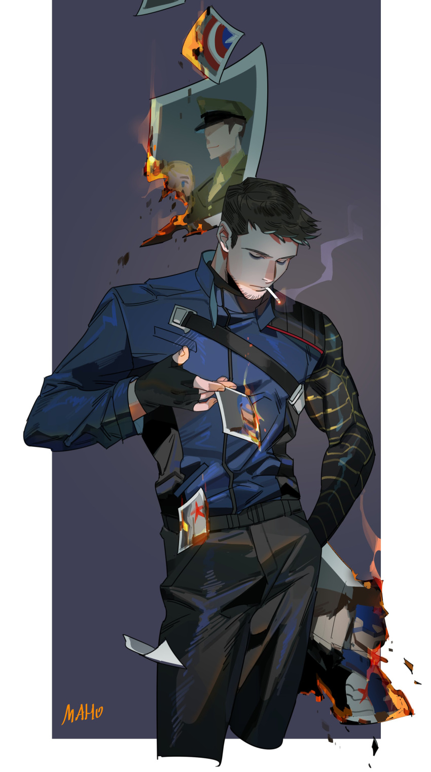 1boy, absurdres, artist_name, belt, between_fingers, black_belt, black_gloves, black_hair, black_pants, blue_jacket, border, bucky_barnes, burning, burning_photo, captain_america, captain_america_(series), cigarette, closed_eyes, closed_mouth, cowboy_shot, facial_hair, fingerless_gloves, fingernails, gloves, hand_in_pocket, hand_up, highres, holding, holding_photo, jacket, karmaho, long_sleeves, male_focus, marvel, marvel_cinematic_universe, outside_border, pants, photo_(object), prosthesis, prosthetic_arm, purple_background, short_hair, simple_background, smoke, smoking, solo, standing, steve_rogers, the_falcon_and_the_winter_soldier, white_border, winter_soldier