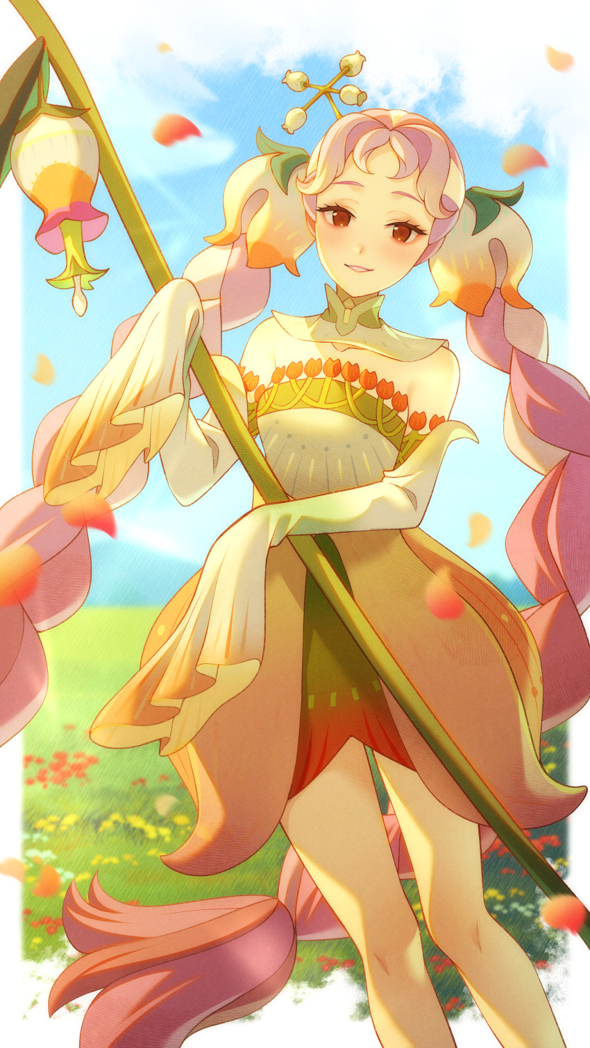 1girl, absurdres, afk_(series), afk_journey, blue_sky, blurry, blurry_background, blush