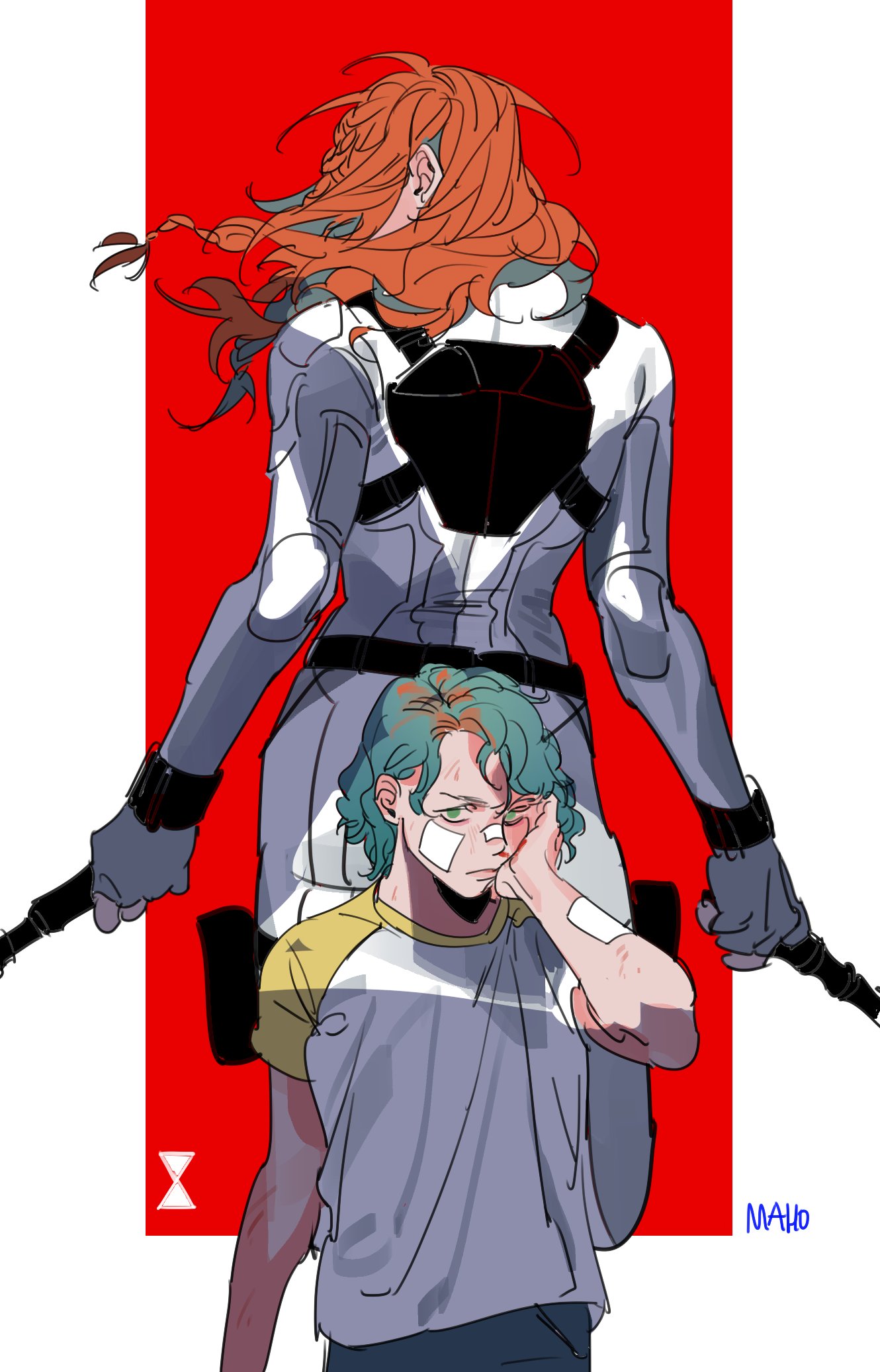 2girls, artist_name, back, back-to-back, bandaid, bandaid_on_cheek, bandaid_on_face, bandaid_on_nose