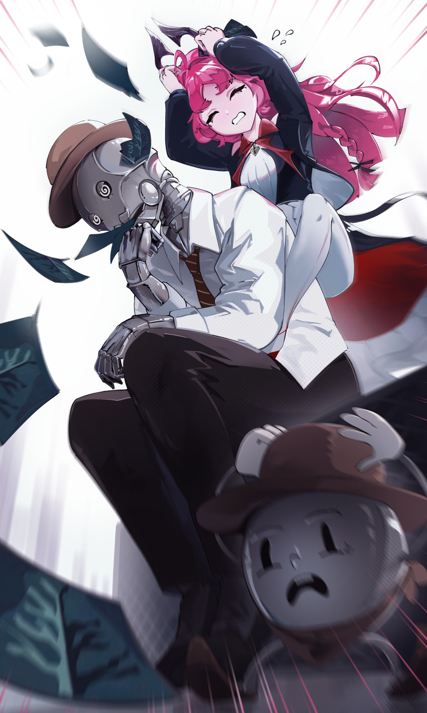 1boy, 1girl, @_@, absurdres, arknights, black_pants, brown_hat, closed_eyes