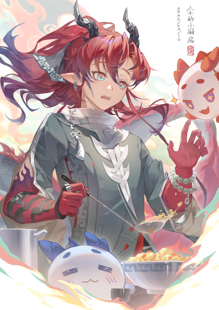 1boy, absurdres, annotated, aqua_eyes, arknights, beads, black_horns, bowl, chinese_commentary, colored_extremities, commentary_request, dated, dragon_bubble_(arknights), earrings, food, grey_shirt, hair_between_eyes, highres, holding, holding_ladle, horns, jewelry, kong_ming_kmmo, ladle, ling_(arknights), long_hair, male_focus, nian_(arknights), open_mouth, pointy_ears, red_hair, shirt, solo, surprised, teeth, upper_teeth_only, yu_(arknights)