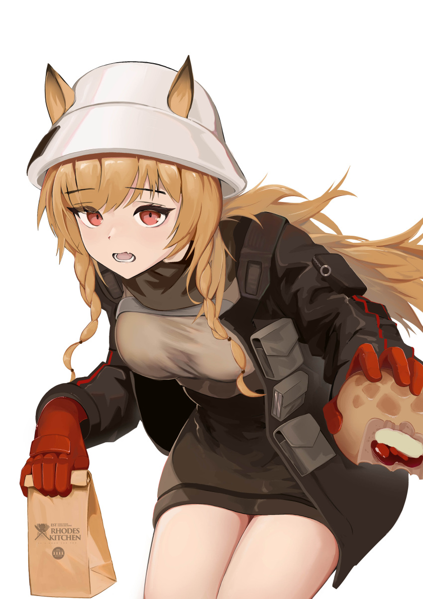 1girl, absurdres, animal_ears, arknights, bag, black_jacket, black_skirt, braid