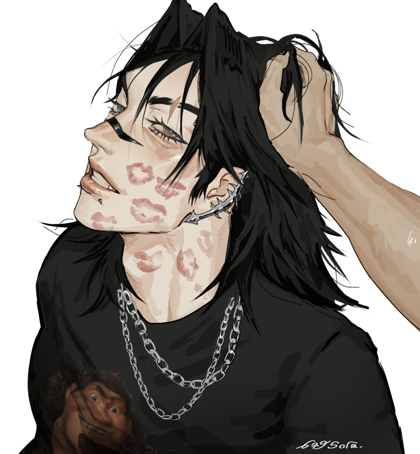 1boy, 679sora, alternate_costume, artist_name, black_hair, black_shirt, choso_(jujutsu_kaisen), earrings