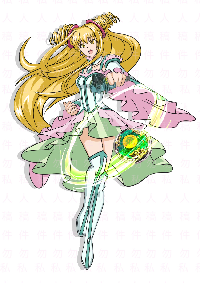 1girl, absurdres, beyblade_(object), blonde_hair, boots, choker, dress, drill_hair