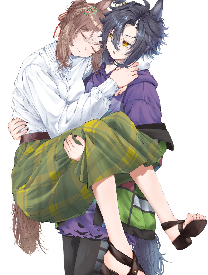 2girls, air_shakur_(umamusume), animal_ears, arm_around_neck, black_hair, black_nails, black_sandals, brown_hair, brown_tail, carrying, closed_eyes, collared_shirt, cowboy_shot, curtained_hair, dress_shirt, eyebrow_cut, eyebrow_piercing, fine_motion_(umamusume), furawi, green_skirt, hair_between_eyes, hand_on_another's_back, heads_together, highres, hood, hoodie, horse_ears, horse_girl, horse_tail, multiple_girls, parted_hair, parted_lips, piercing, plaid_clothes, plaid_skirt, princess_carry, purple_hoodie, sandals, shirt, shirt_tucked_in, simple_background, skirt, smile, tail, toes, umamusume, white_background, white_shirt, yellow_eyes, yuri