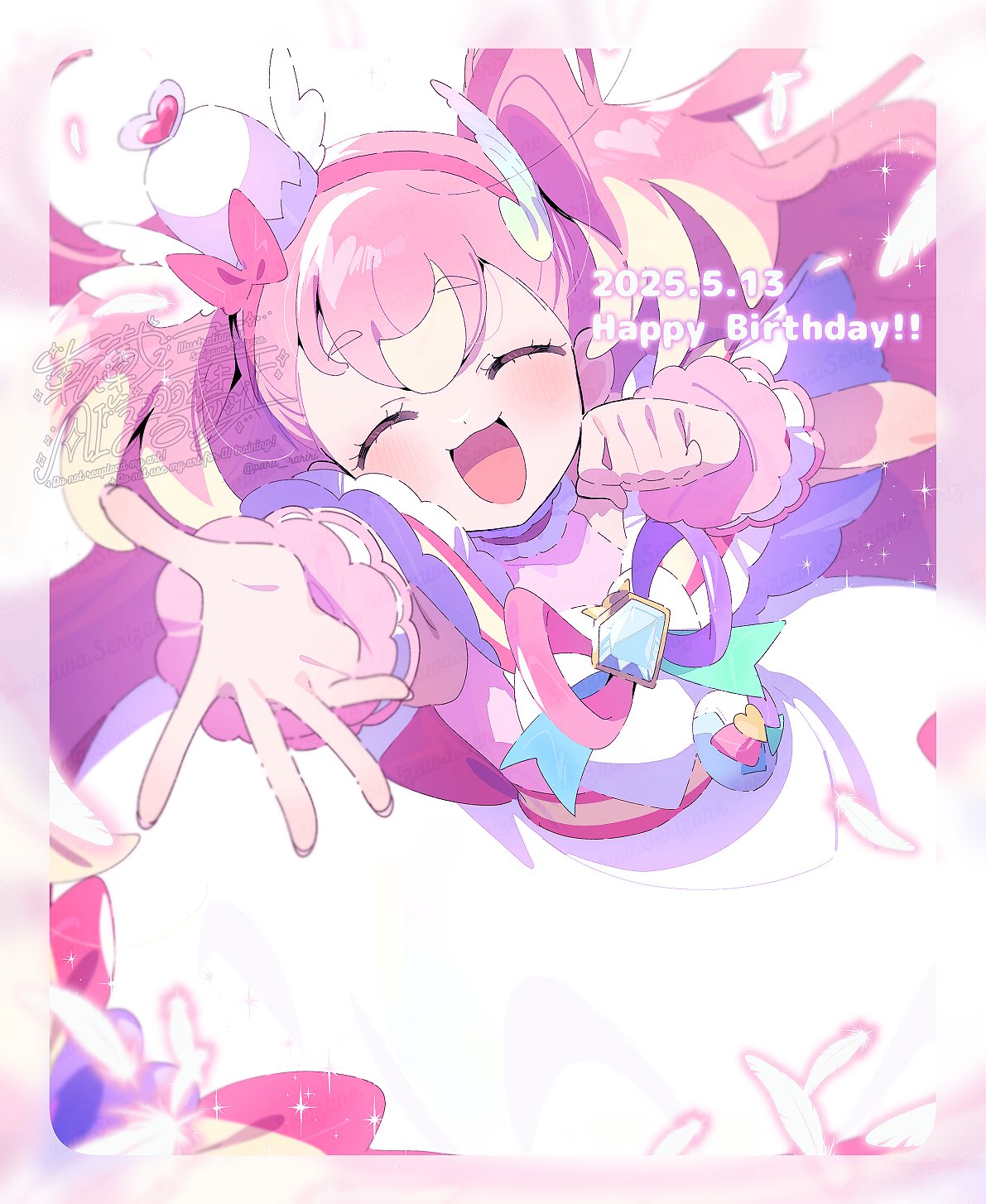 1girl, ^_^, aqua_ribbon, blonde_hair, blue_ribbon, blush, border, bow