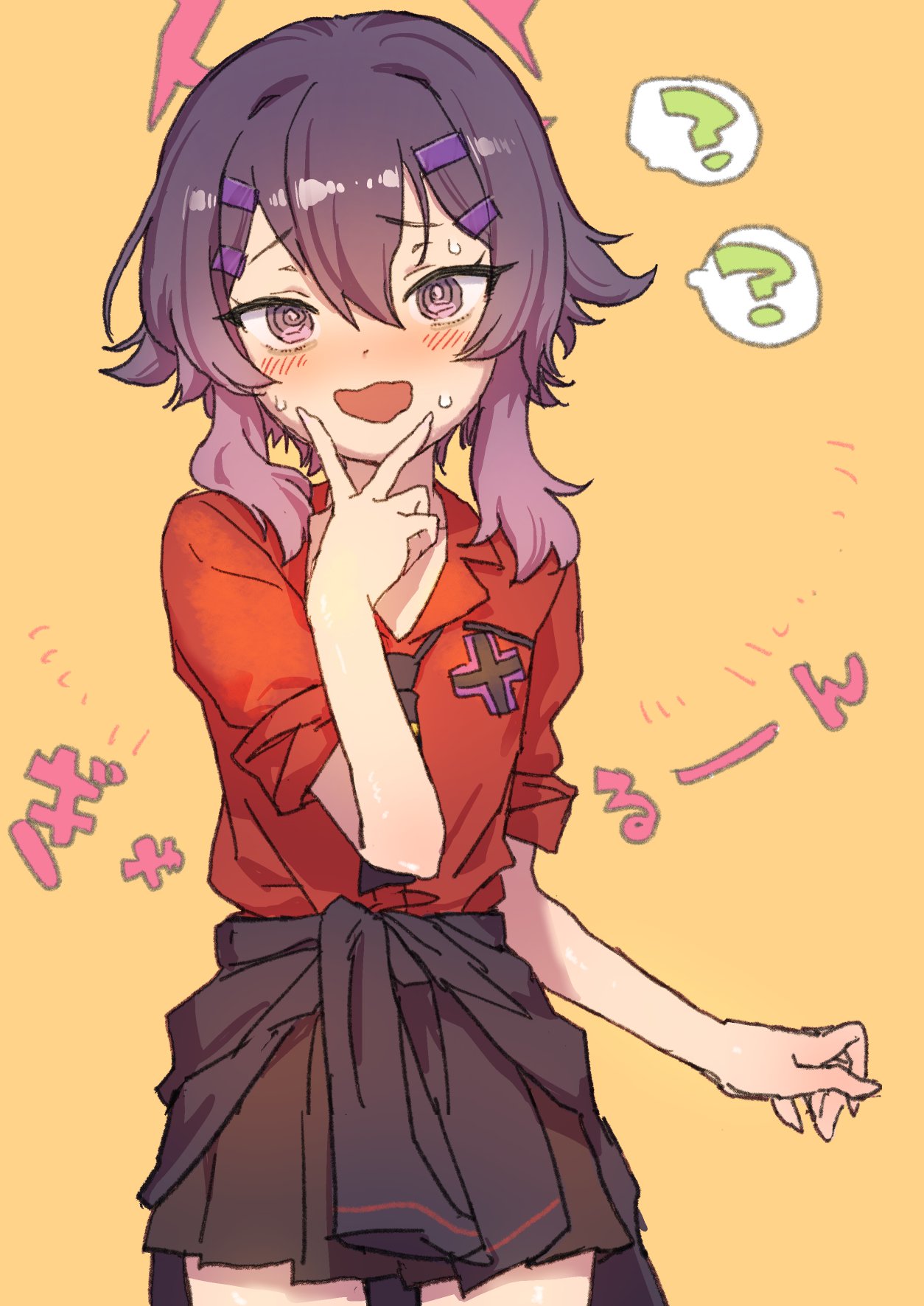1girl, ?, blue_archive, clothes_around_waist, commentary, hair_between_eyes, hair_ornament, hairclip