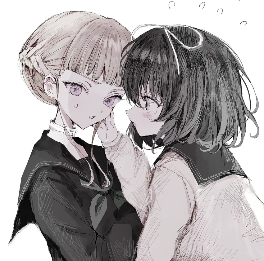 2girls, black_hair, black_serafuku, blunt_bangs, bob_cut, braid, brown_cardigan, brown_hair, cardigan, choker, euphoria_(clockup), hair_ribbon, half_up_braid, highres, hokari_kanae, looking_at_another, manaka_nemu, multiple_girls, ribbon, school_uniform, serafuku, sidelocks, simple_background, tears, upper_body, violet_eyes, white_background, white_choker, yuyuyuyhz