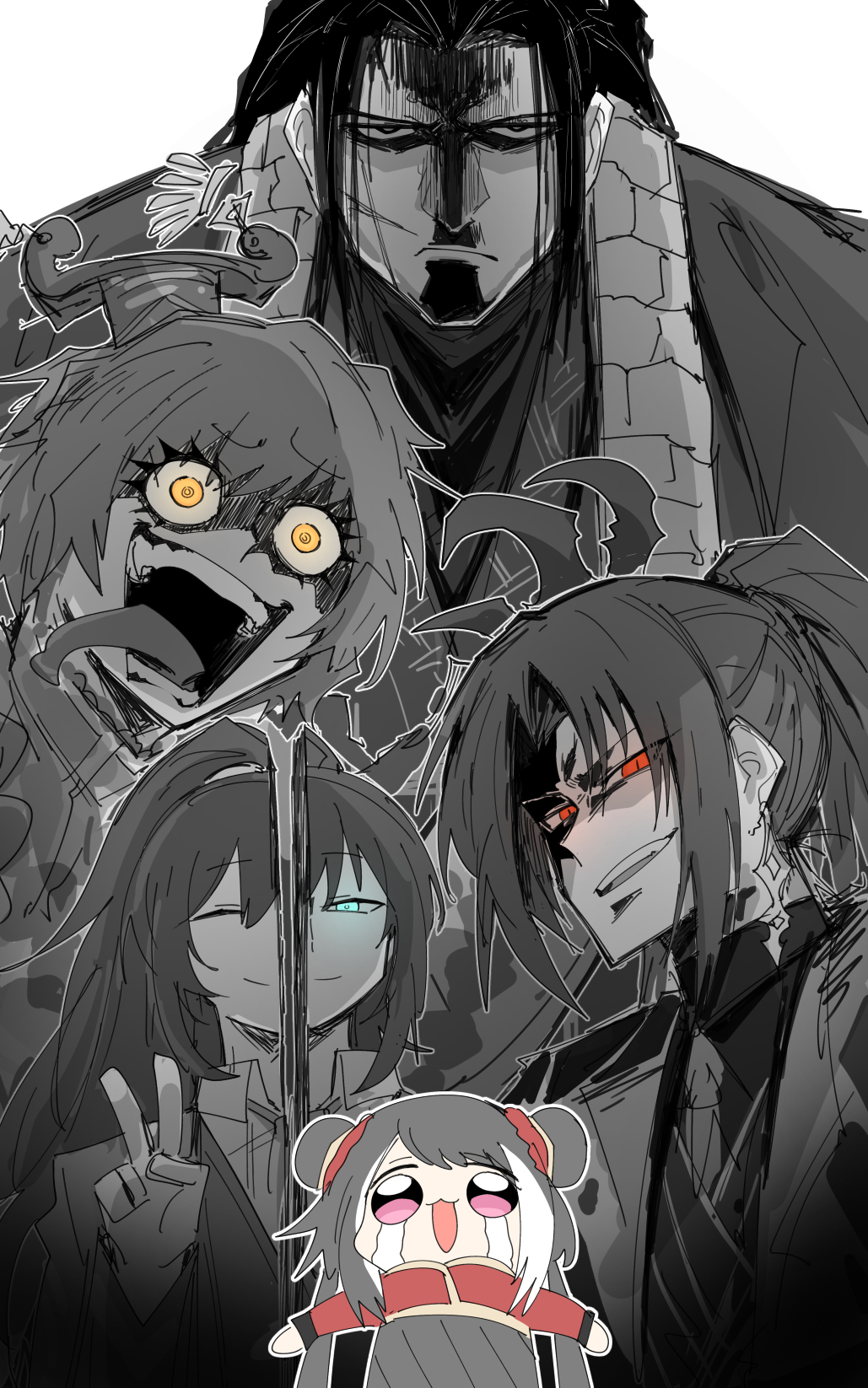 1girl, 4boys, bisected, black_coat, black_dress, black_hair, black_vest, blue_eyes