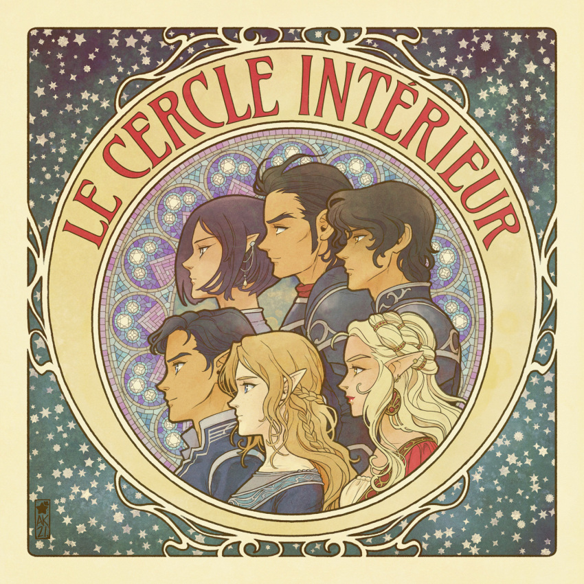 3boys, 3girls, a_court_of_thorns_and_roses_(series), amren_(acotar), armor, art_nouveau, artist_logo, azriel_(acotar), black_hair, blonde_hair, border, braid, brown_hair, cassian_(acotar), commentary, earrings, english_commentary, feyre_archeron, french_text, from_side, hair_ornament, highres, jewelry, logo, long_hair, morrigan_(acotar), multiple_boys, multiple_girls, pointy_ears, profile, purple_hair, rhysand_(acotar), short_hair, sideburns, starcarrot