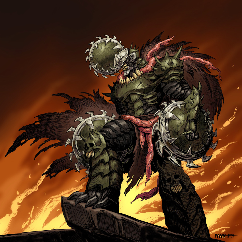 1boy, absurdres, armor, chainsaw_devil, chainsaw_man, doom:_the_dark_ages, doom_(series), doomguy, fiery_background, fire, full_armor, fusion, highres, organs, shield, solo, standing, the_marahfa