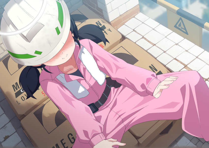 1girl, absurdres, black_hair, blue_archive, blush, character_request, closed_mouth, collarbone, halo, hard_hat, hat, helmet, highres, jacket, k_hyeonee, medium_hair, pants, pink_jacket, pink_pants, sitting, smile, solo, twintails, variant_set, white_halo, white_hat
