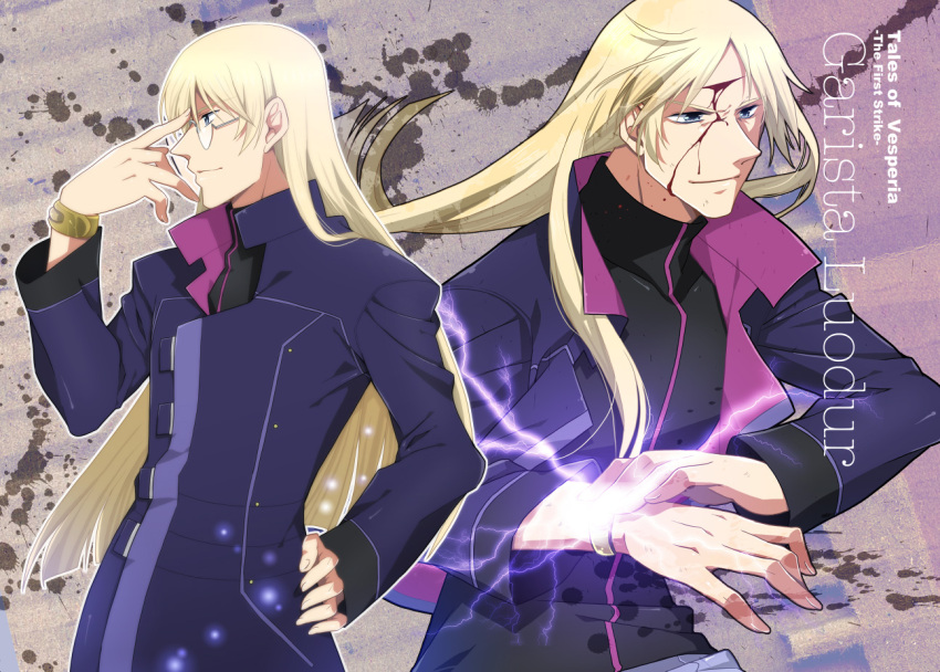 adjusting_glasses, angry, blonde_hair, blood, bracelet, character_name, coat, cuts