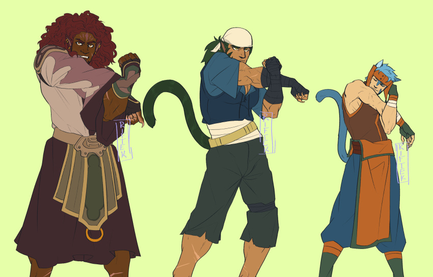 3boys, alternate_skin_color, animal_ears, bandana, blue_hair, cat_boy, cat_ears, commentary