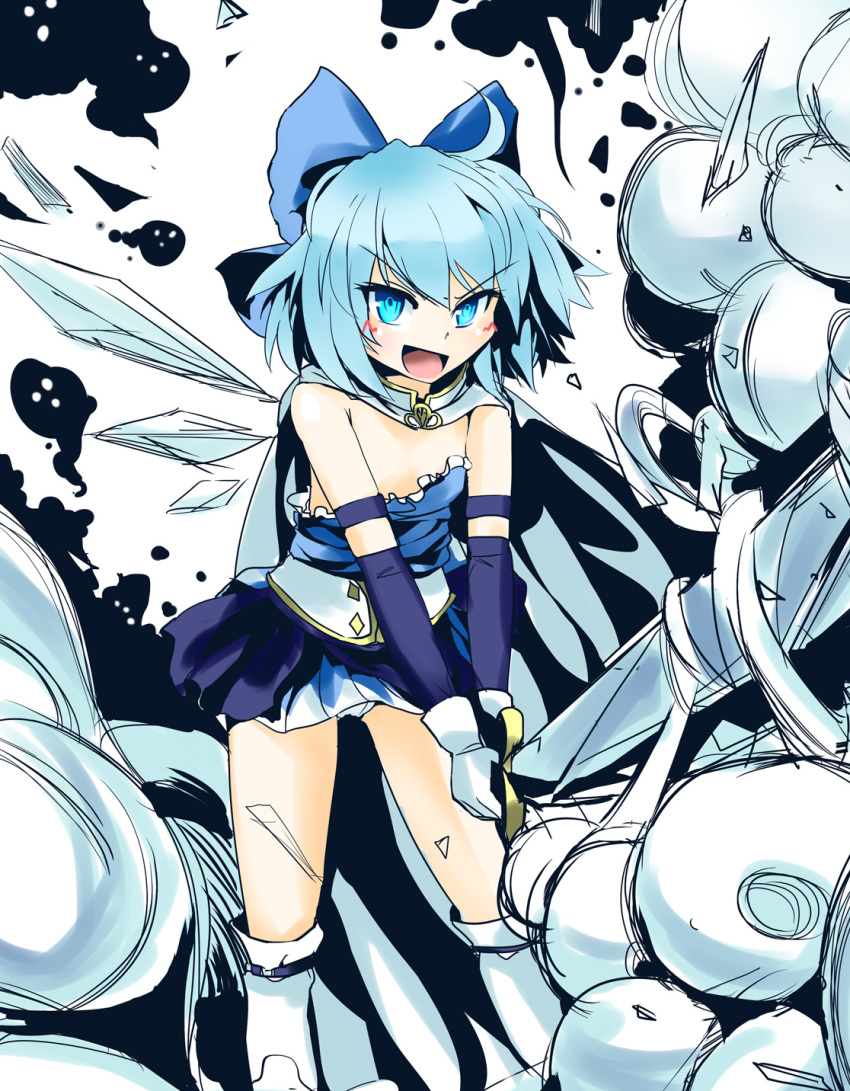 blue_eyes, blue_hair, blue_ribbon, blush, breast_slip, breasts, cape, censored