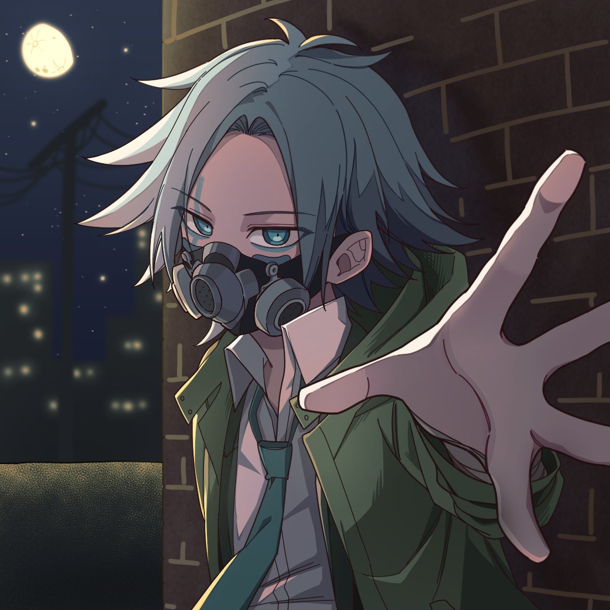 1boy, aqua_necktie, blue_eyes, brick_wall, building, collared_shirt, green_jacket, grey_hair
