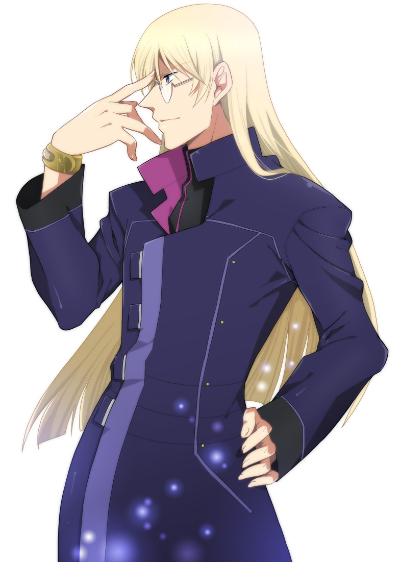 adjusting_glasses, blonde_hair, bracelet, coat, garista_luodur, glasses, grey_eyes, jewelry, long_hair, male, profile, shuragyoku_mami, smile, solo, tales_of_(series), tales_of_vesperia, tales_of_vesperia:_the_first_strike