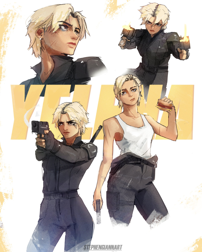 1girl, absurdres, blonde_hair, blue_eyes, bodysuit, closed_mouth, fingerless_gloves, food