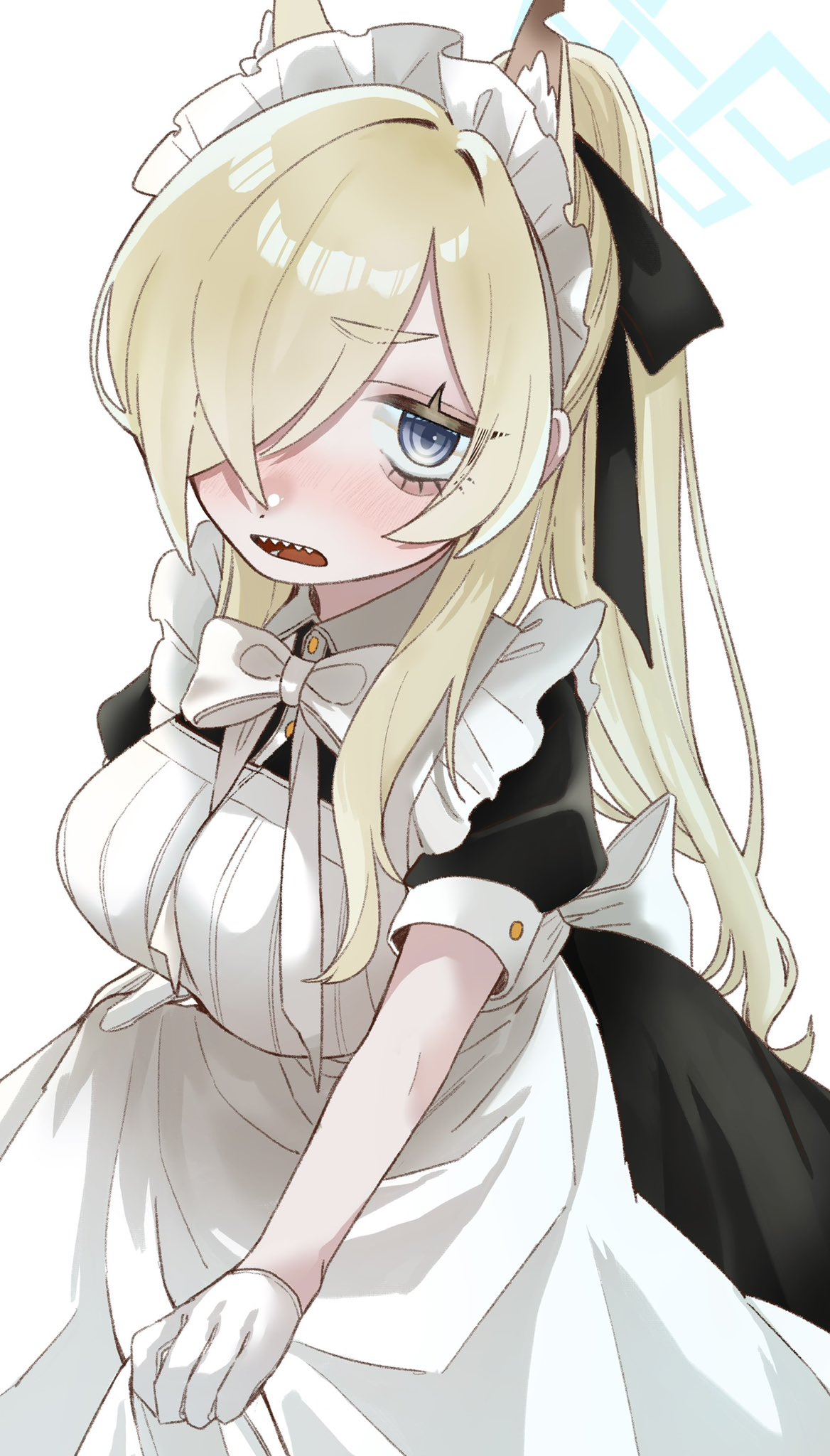 1girl, apron, blonde_hair, blue_archive, blue_eyes, breasts, gloves, hair_over_one_eye