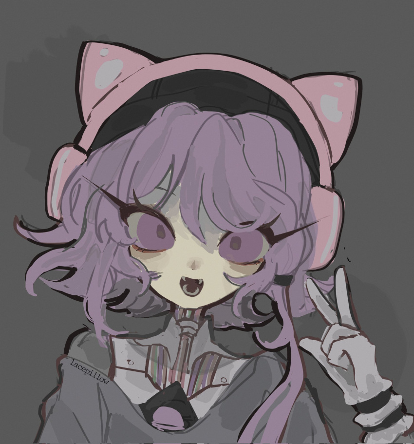 1girl, :d, android, animal_ear_headphones, animal_ears, artist_name, cable, cat_ear_headphones