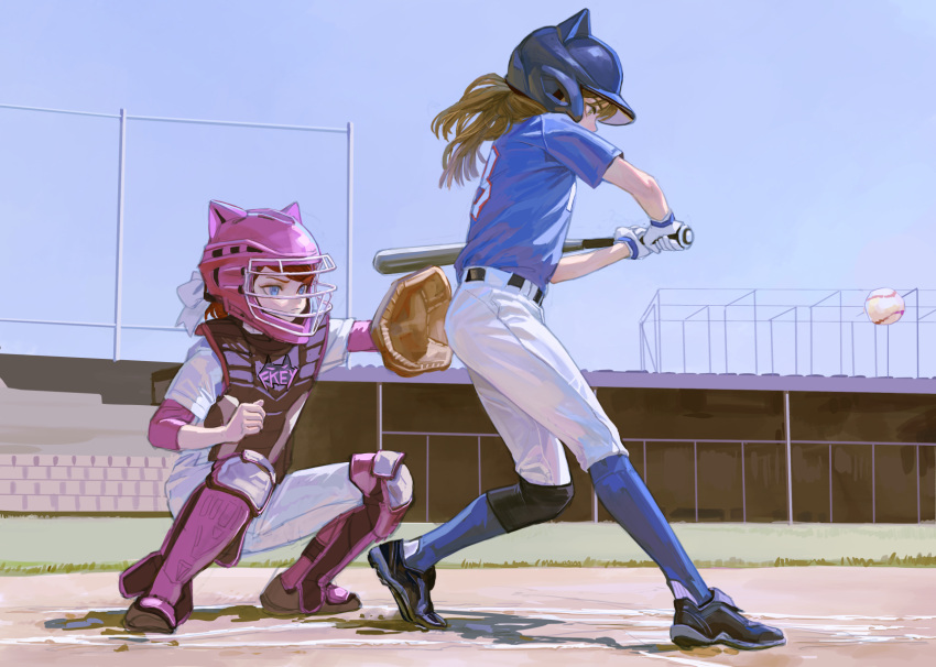 2girls, ball, baseball, baseball_(object), baseball_bat, baseball_helmet, baseball_mitt, baseball_stadium