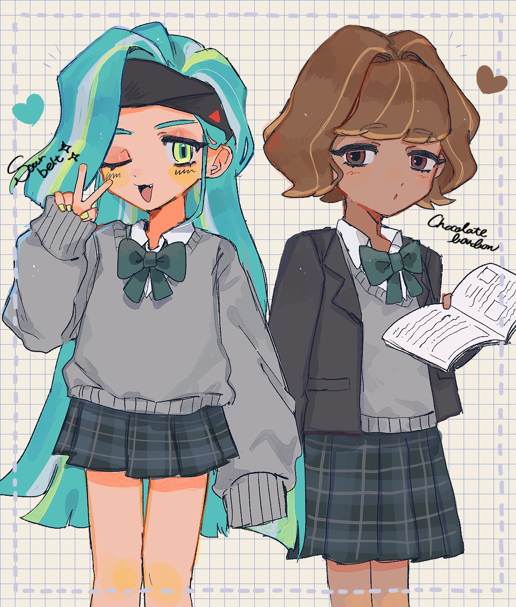 2girls, aqua_hair, brown_hair, chocolate_bonbon_cookie, cookie_run, cookie_run:_ovenbreak, dark_skin, detached_sleeves, dress, earrings, green_eyes, headband, highres, humanization, jewelry, long_hair, multicolored_hair, multiple_girls, red_eyes, shirt, short_hair, smile, sour_belt_cookie, user_gxce8422