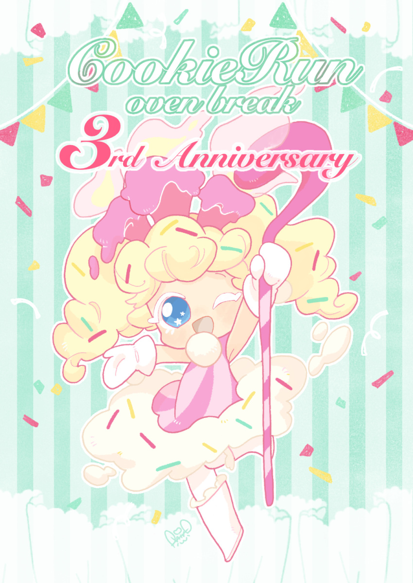 1girl, birthday_cake_cookie, blonde_hair, blue_eyes, blush, candle, chibi, cookie_run