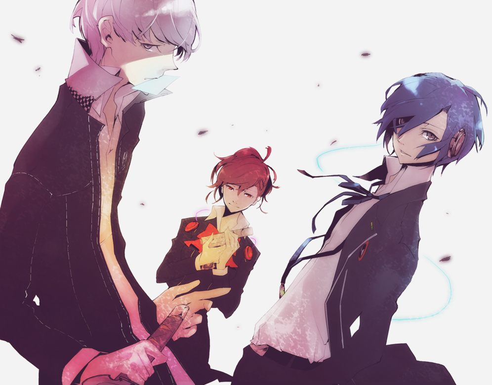 arisato_minato, blue_hair, brown_hair, card, card_in_mouth, digital_media_player, evoker, female_protagonist_(persona_3)