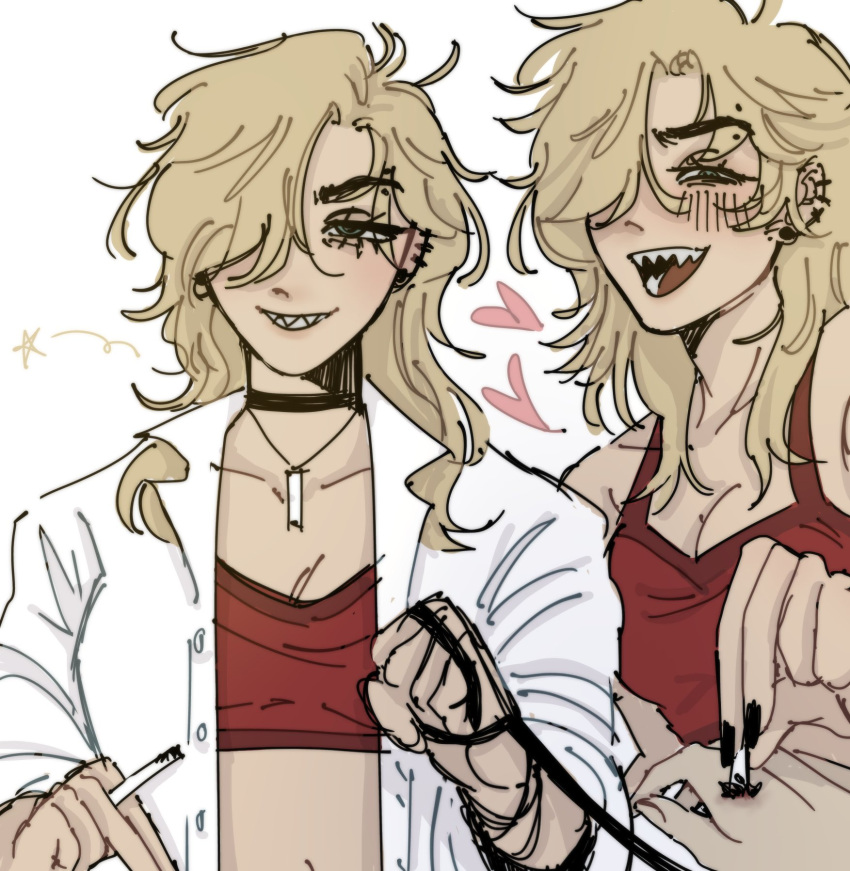 1girl, black_choker, black_nails, blonde_hair, choker, cigarette, coat, degrees_of_lewdity, eyebrow_piercing, green_eyes, hair_over_one_eye, heart, highres, holding, holding_cigarette, holding_leash, jewelry, leash, looking_at_viewer, multiple_views, necklace, open_clothes, open_coat, open_mouth, piercing, red_tank_top, rusa_yippie, sharp_teeth, simple_background, tank_top, teeth, upper_body, white_background, white_coat, whitney_(degrees_of_lewdity), whitney_(female)_(degrees_of_lewdity)