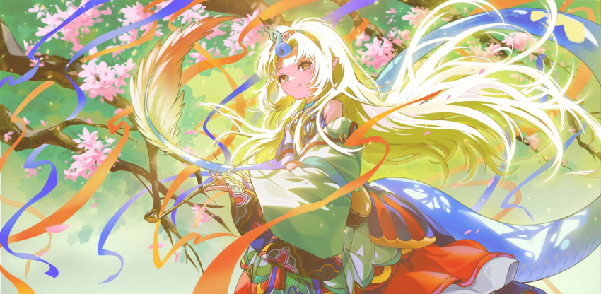 1girl, blonde_hair, brown_eyes, character_request, cherry_blossoms, closed_mouth, copyright_request, detached_sleeves