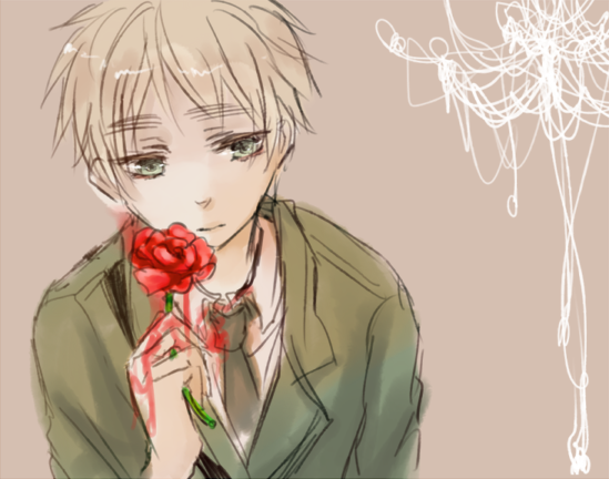 aimu, axis_powers_hetalia, blonde_hair, flower, green_eyes, hachi_(aimu), male, red_rose