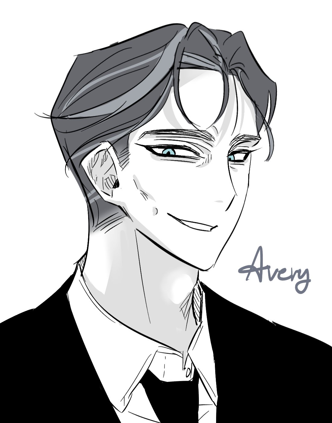 1boy, artist_name, avery_(degrees_of_lewdity), avery_(male)_(degrees_of_lewdity), black_jacket, black_necktie, blue_eyes, collared_shirt, degrees_of_lewdity, grey_hair, highres, jacket, kanya_dol, looking_at_viewer, necktie, portrait, shirt, short_hair, simple_background, solo, white_background, white_shirt